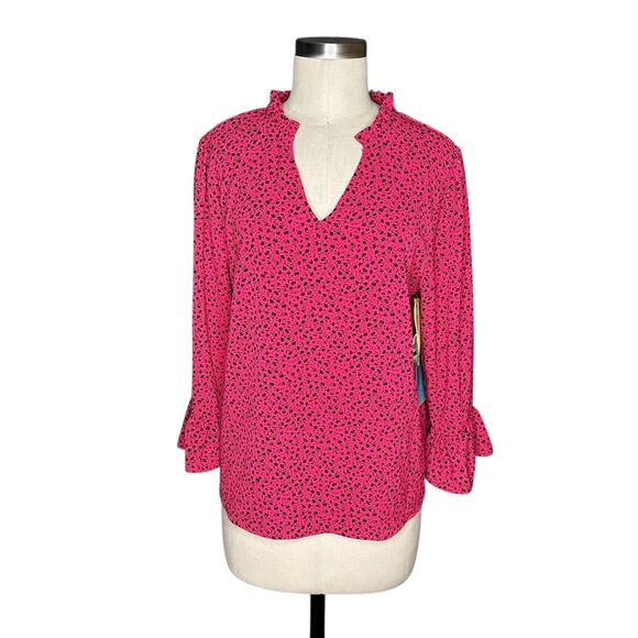 CECE Rose Cerise Floral Party Pink Flower Pattern V-Neck Crepe Blouse Women's L - Picture 1 of 7